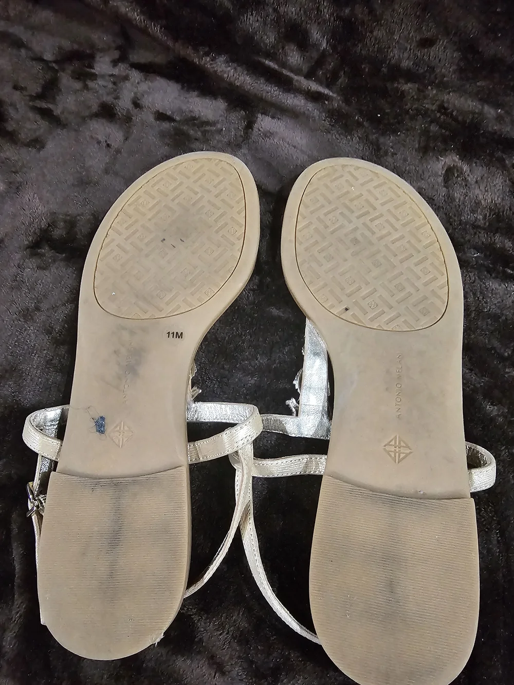 ANTONIO MELANI Metallic Silver T-Strap Sandals with Crystal Seahorse Accent